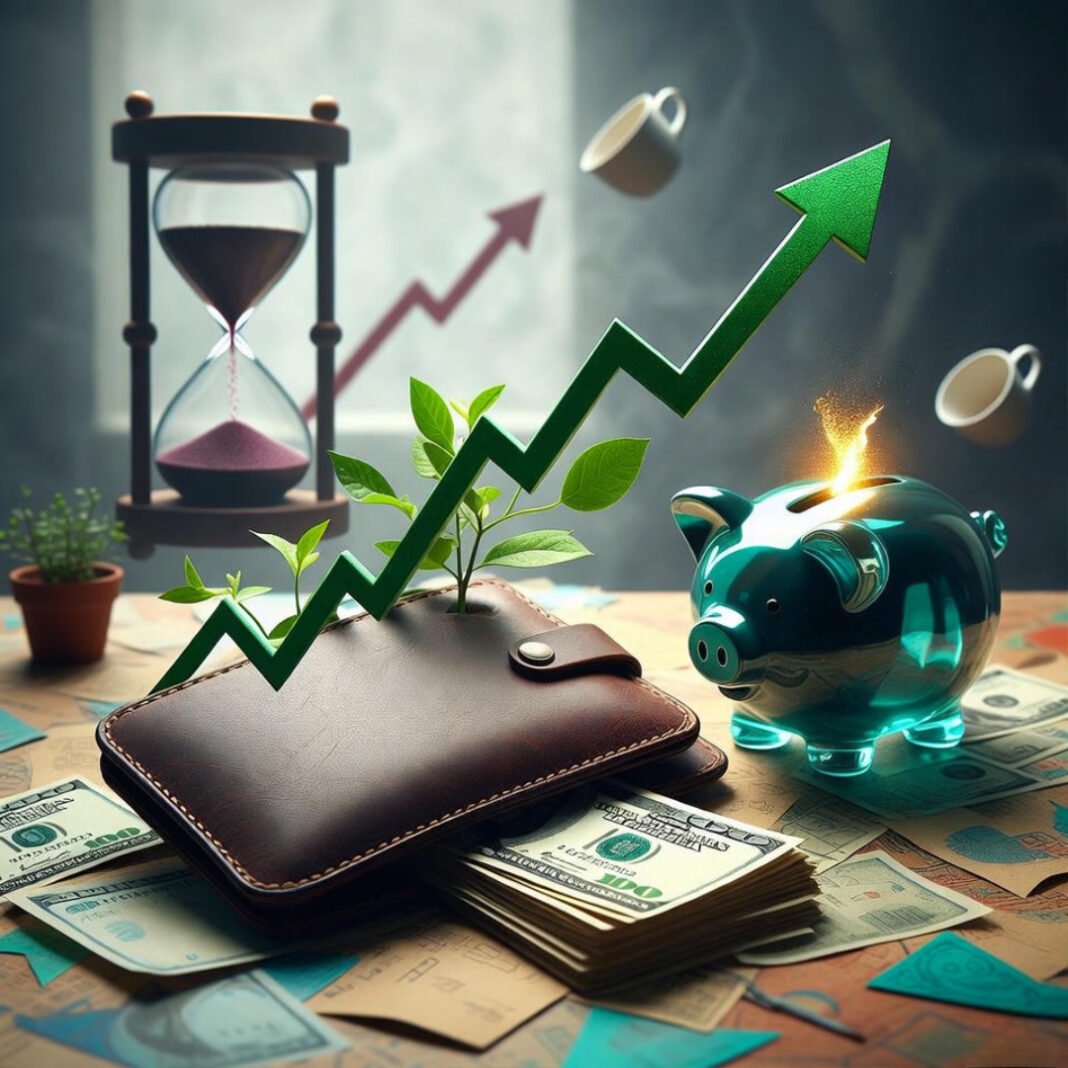 include a faint hourglass where the falling sand turns into upward-trending arrows.