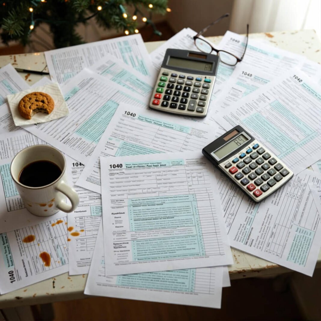 Cluttered desk with tax forms, calculator, and holiday lights.