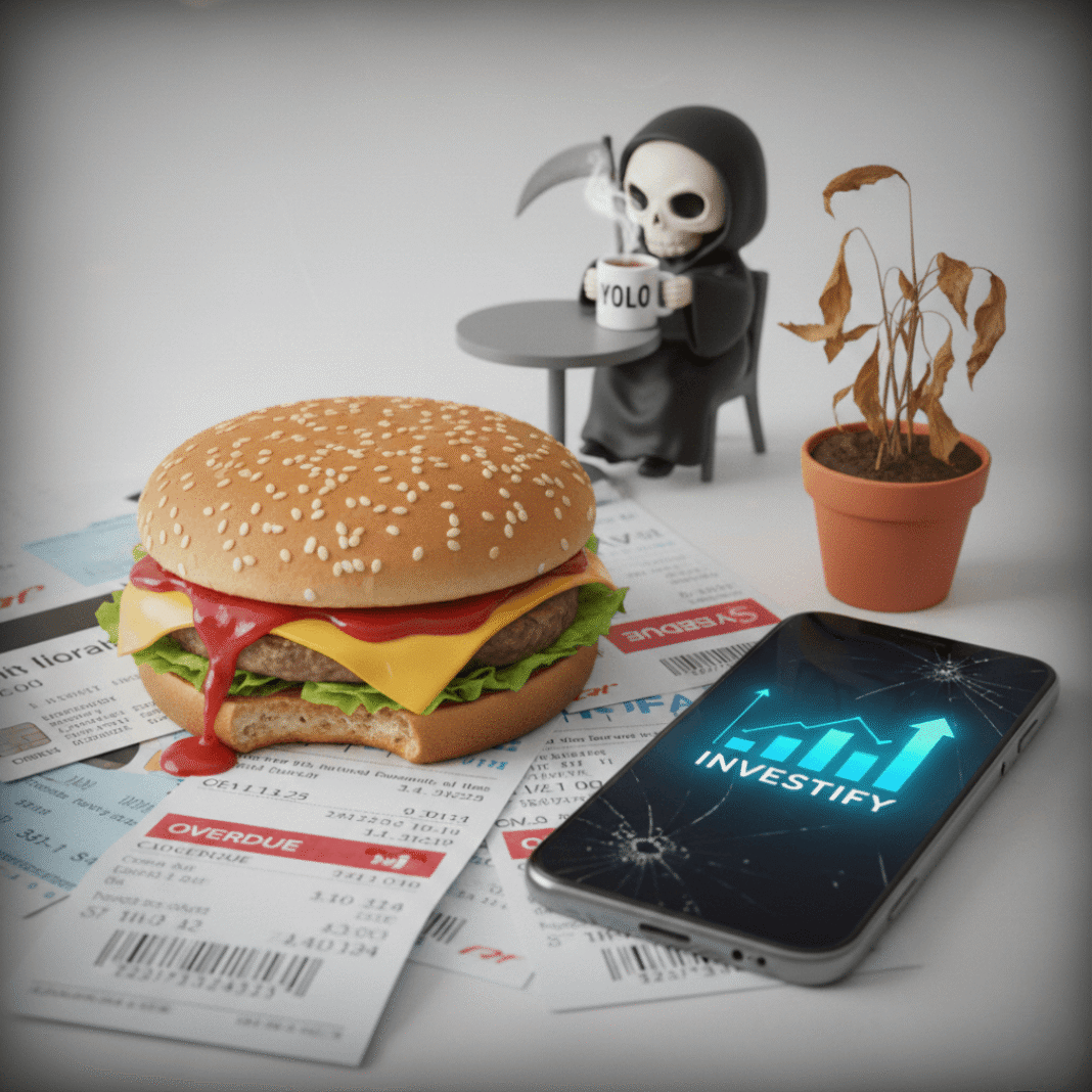 Burger on unpaid bills with a tiny grim reaper.
