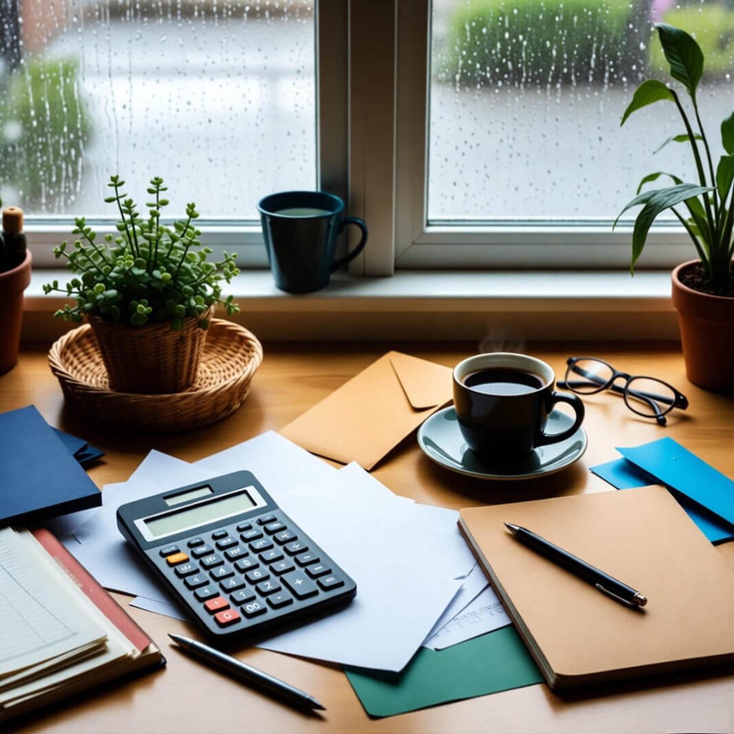 Messy kitchen table with calculator and coffee on rainy day.