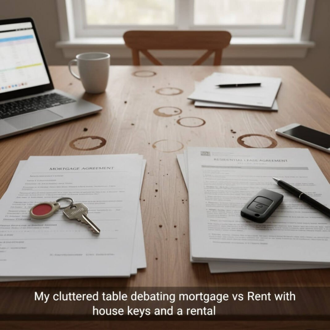 House keys and lease papers on a messy table.