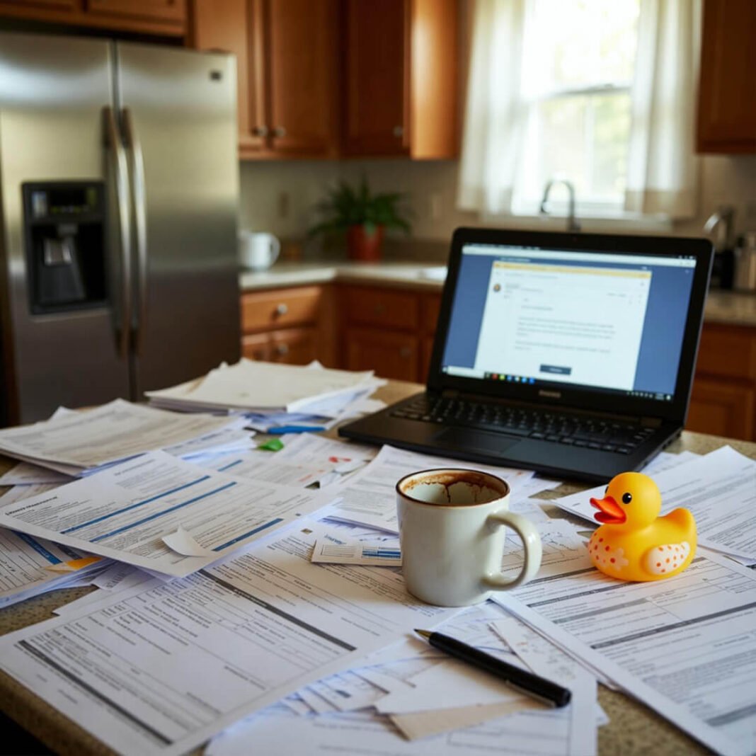 Cluttered kitchen table with mortgage papers and rubber duck.