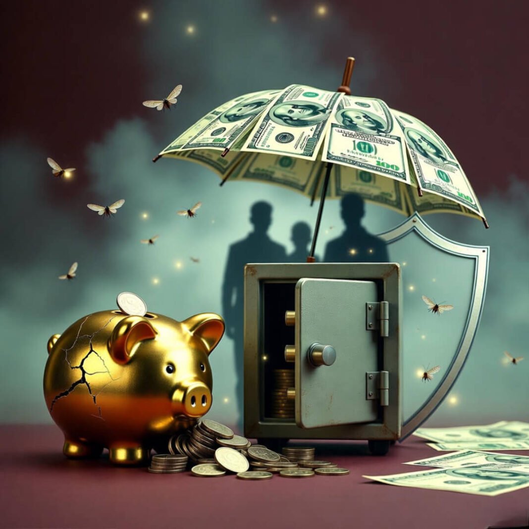 Dreamy piggy bank to safe with money umbrella and fireflies.