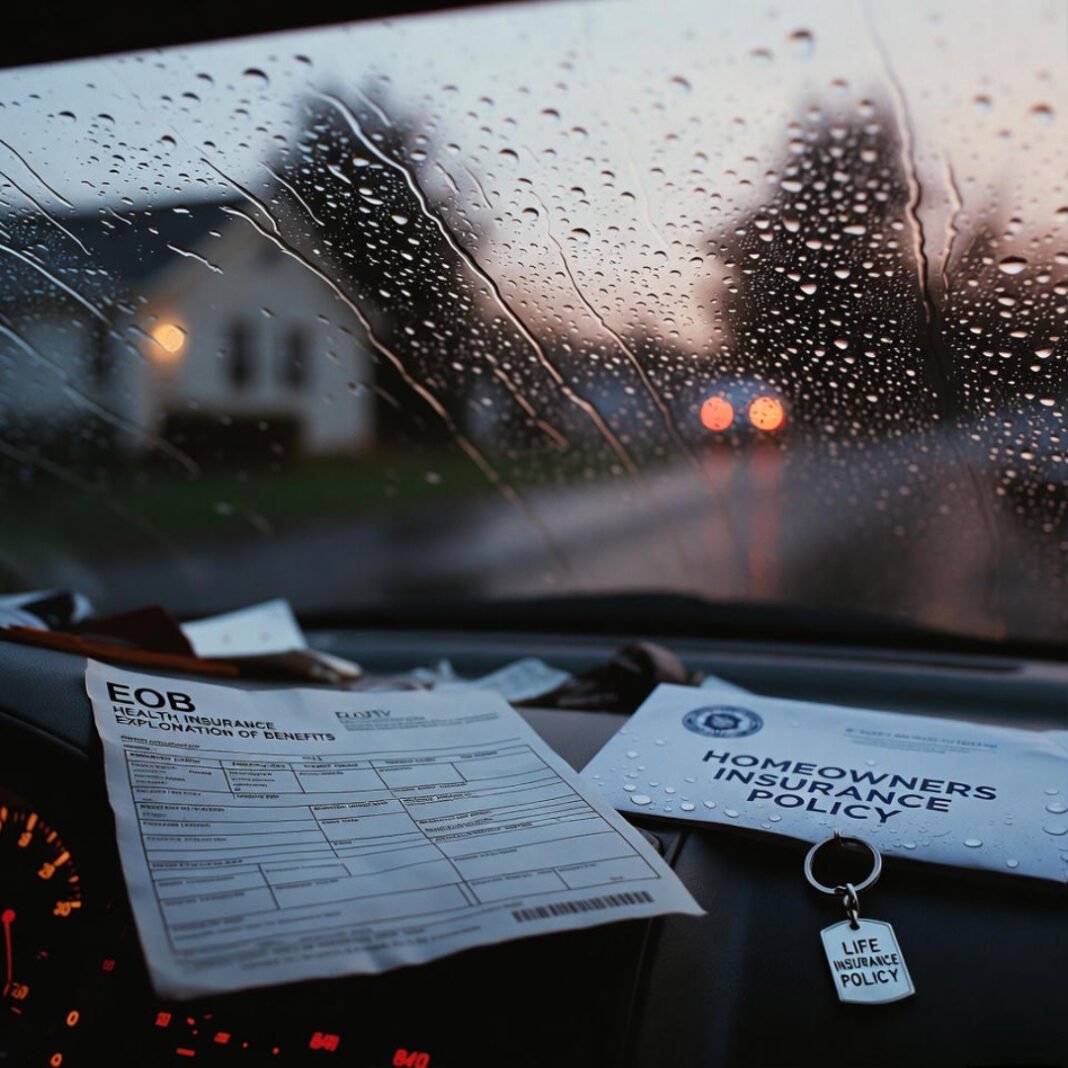 Rainy car dashboard with scattered insurance papers at dusk.