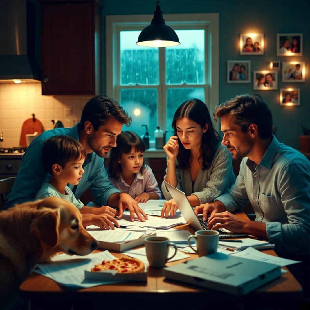Family reviewing insurance papers on rainy night.