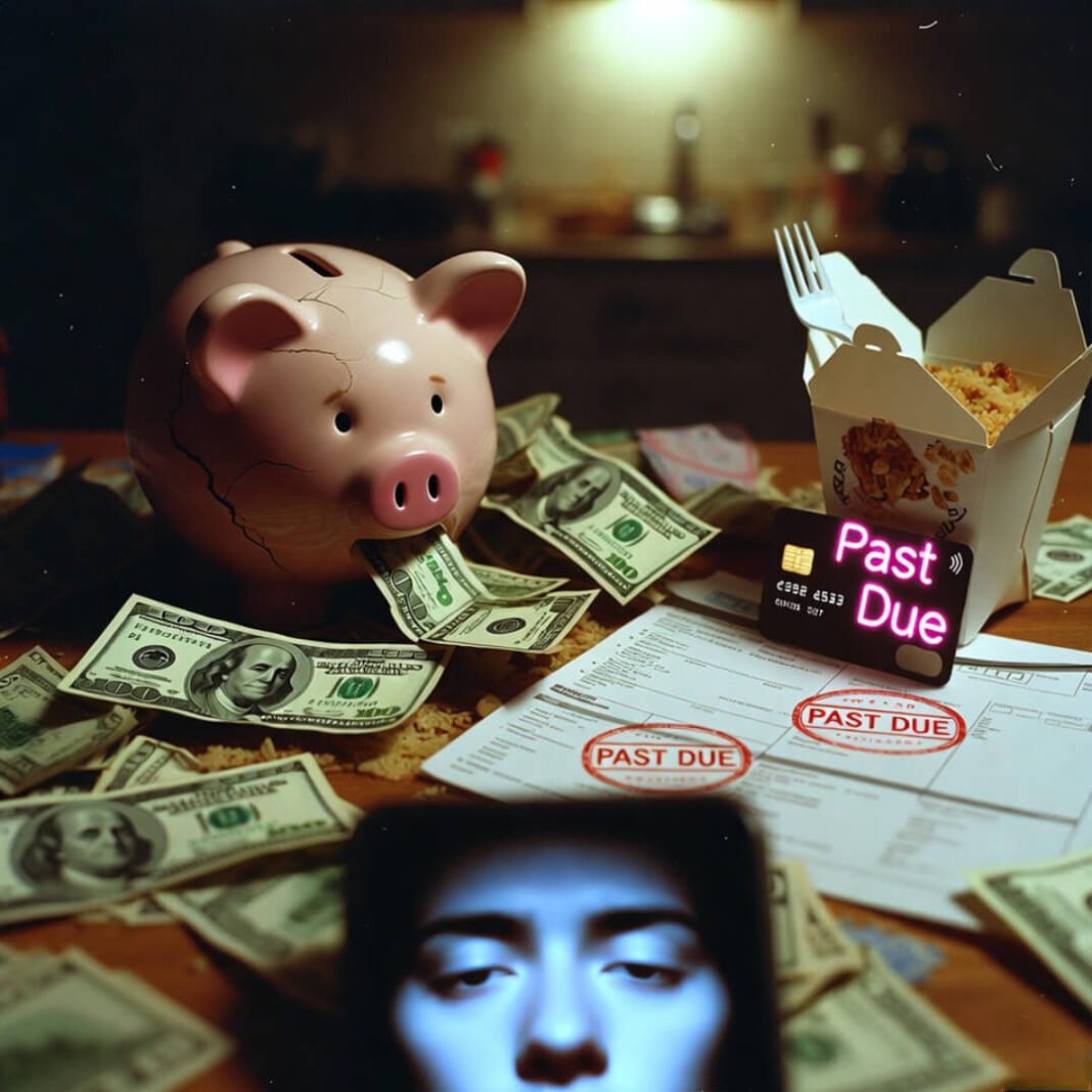Broken piggy bank spilling cash amid overdue bills and takeout.