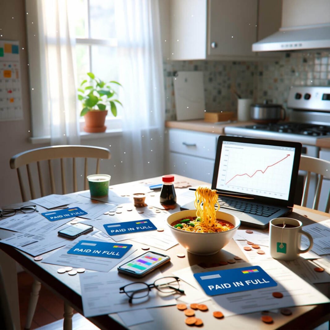 Cluttered table with ramen, paid bills, rising investments.