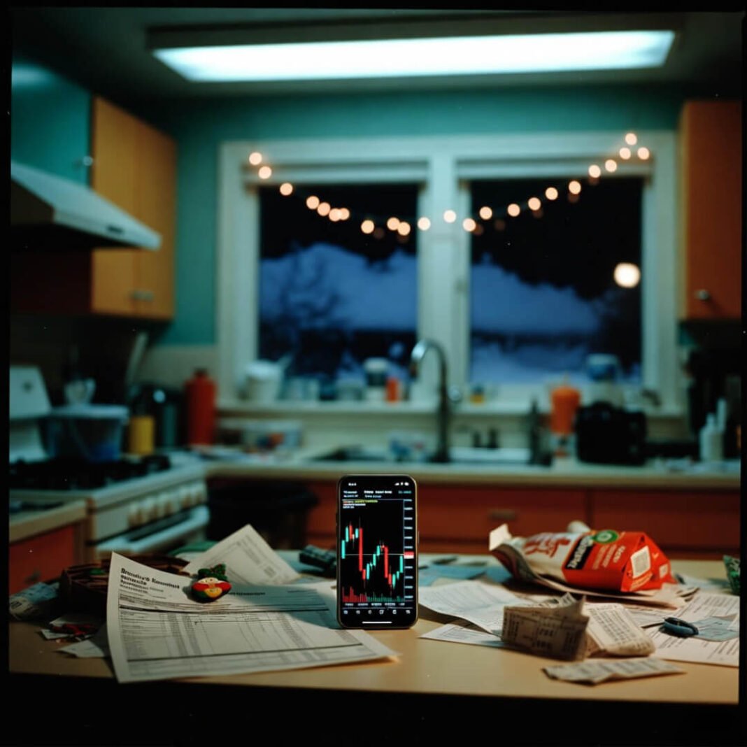 Cluttered kitchen table with losing stocks on Christmas Eve.