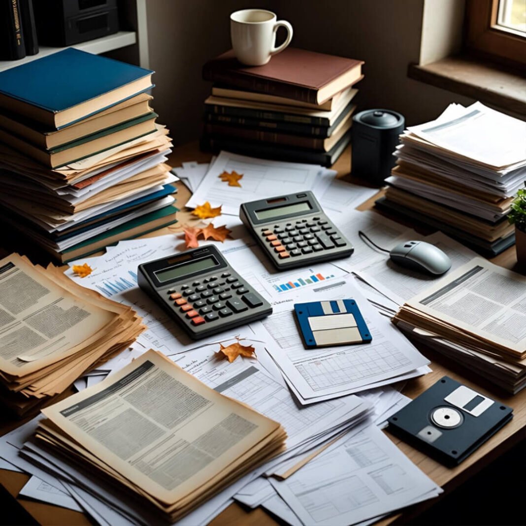 Cluttered desk with calculators, papers, and autumn leaves.