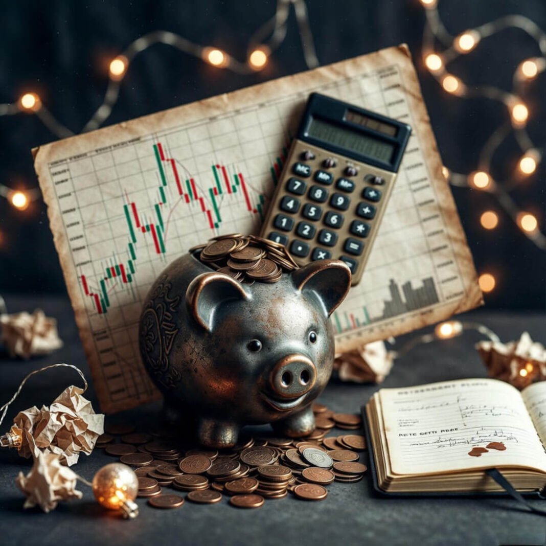 a weathered piggy bank overflowing with coins and stock charts