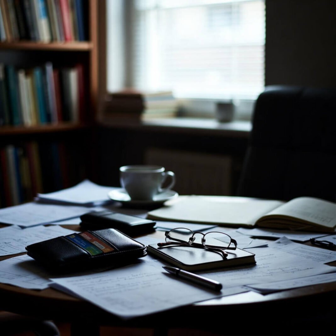 Empty wallet on cluttered table, financial regret.