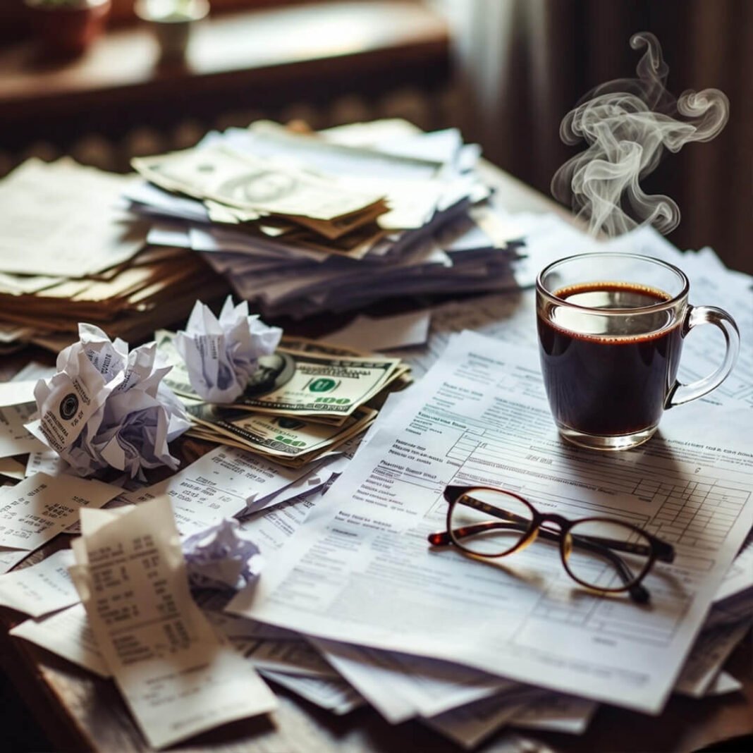 Messy tax season desk with coffee and receipts