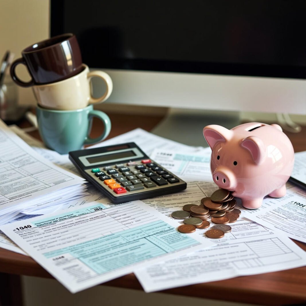 a cluttered home desk with scattered tax