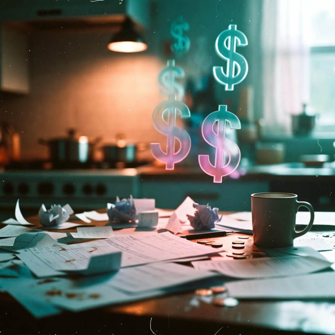 Messy tax receipts on kitchen table with evaporating dollars.