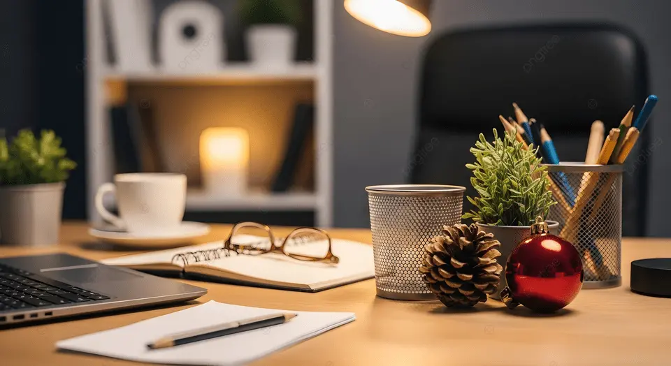 A cozy, warmly lit home office workspace at night during Christmas