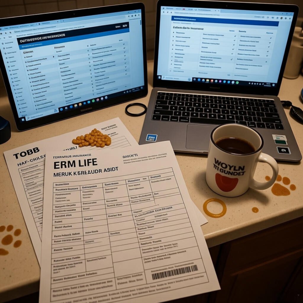 Cluttered kitchen counter with life insurance docs and laptop.