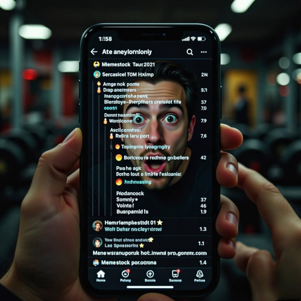 Wide-eyed FOMO staring at exploding meme stock subreddit.