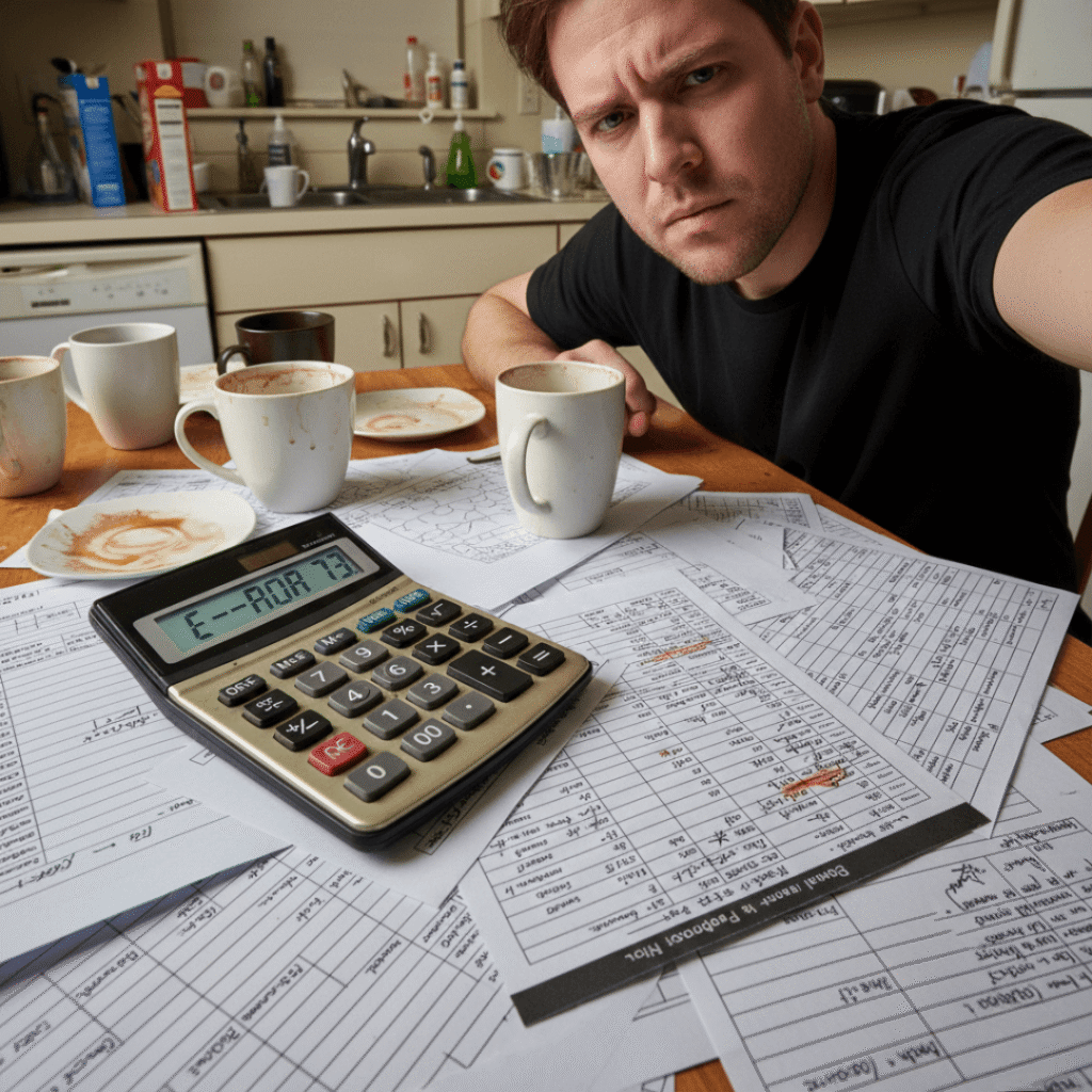 Low-angle selfie at a messy, budget-filled kitchen table.