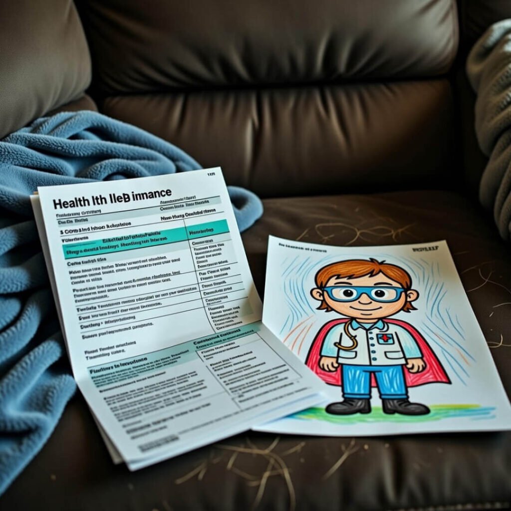 Crumpled insurance bill beside kid's superhero doctor drawing.