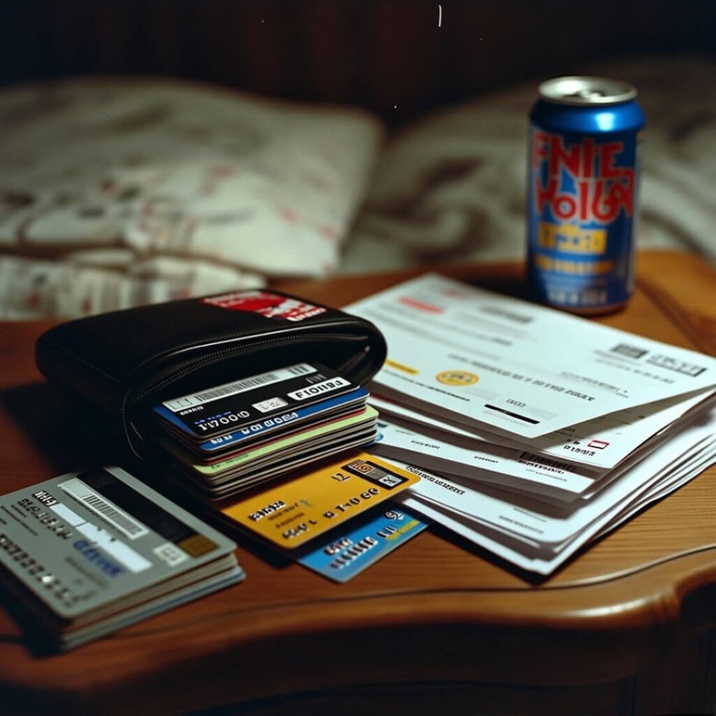 Overflowing wallet with credit cards next to unopened bills.