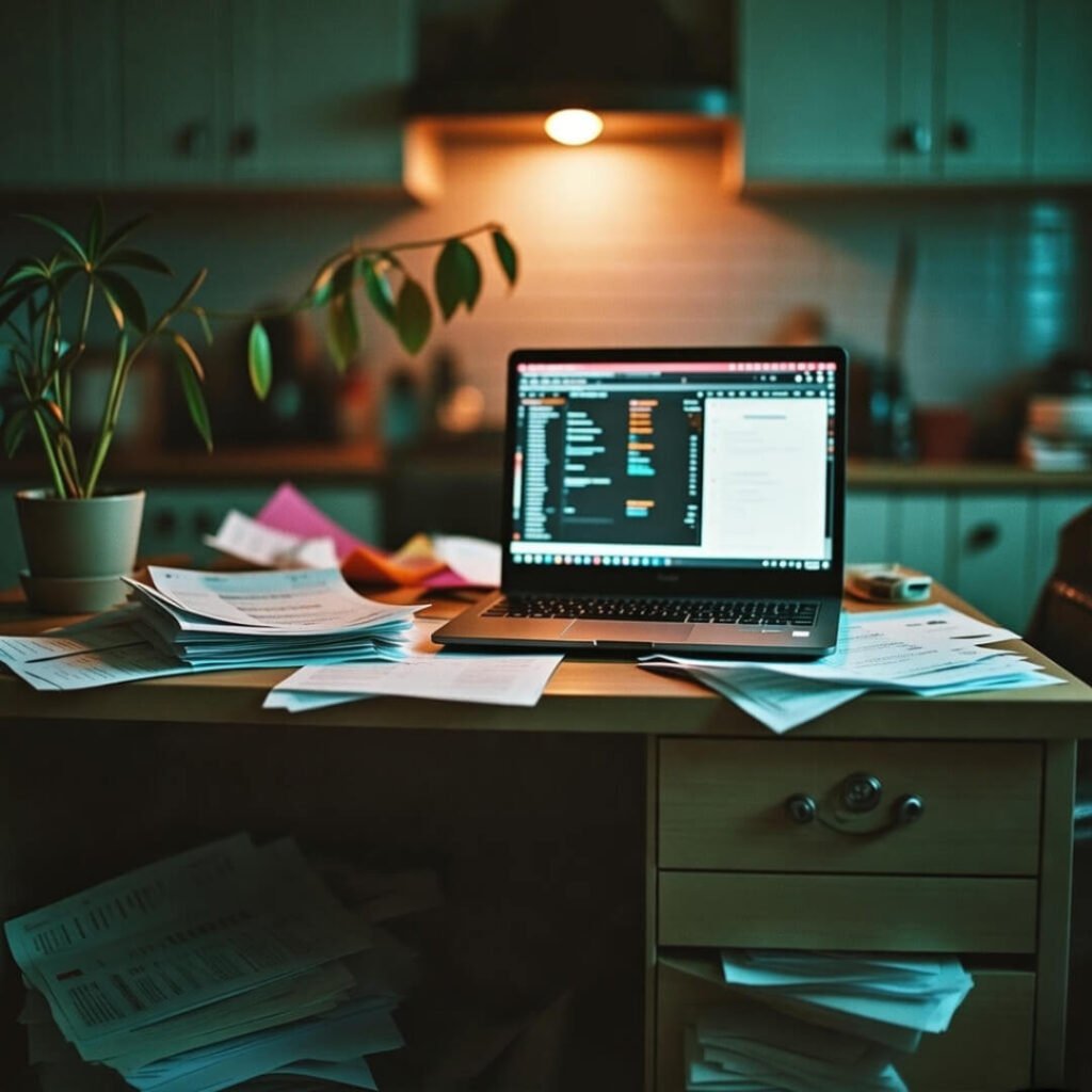 Cluttered home office desk with dying plant and laptop.