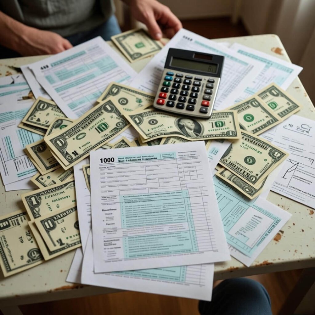 Hand calculating amid tangled dollars and tax papers.