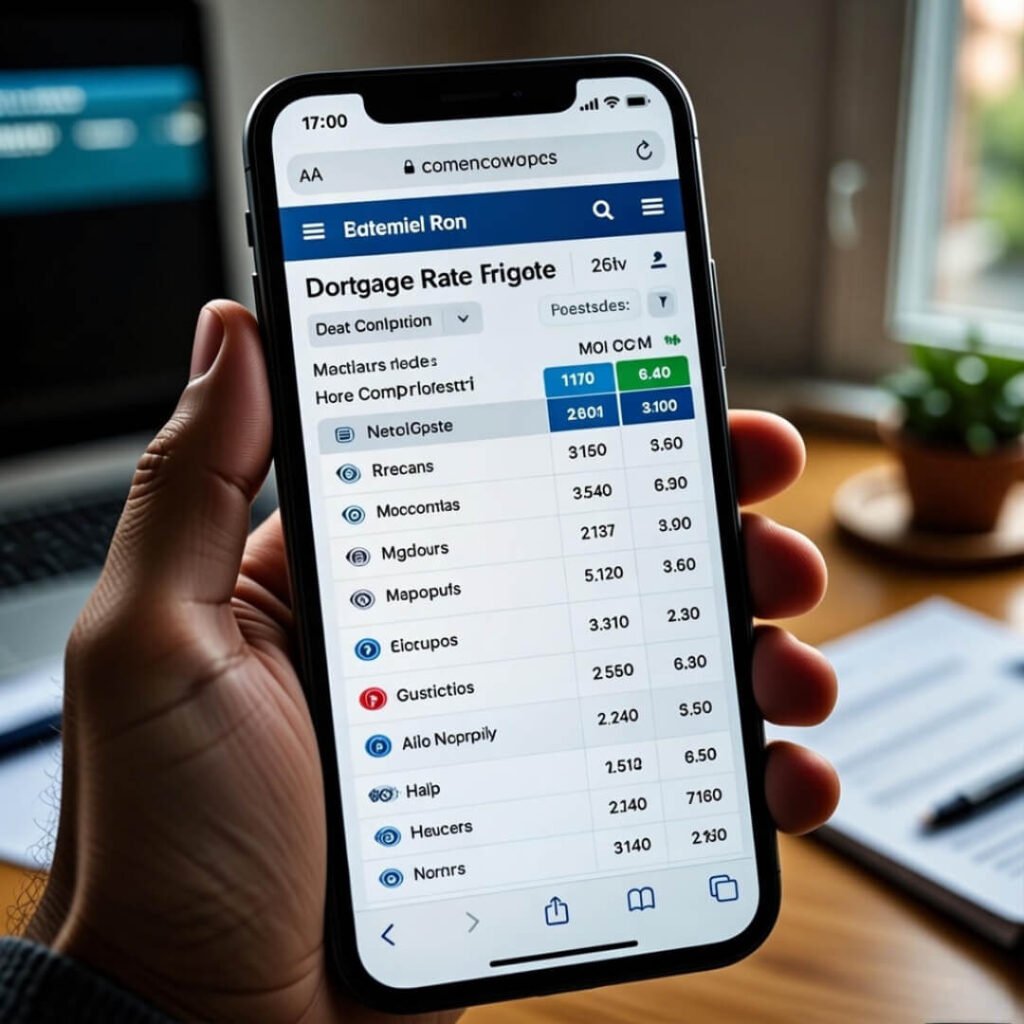 Shaky phone screenshot checking mortgage rates at night.