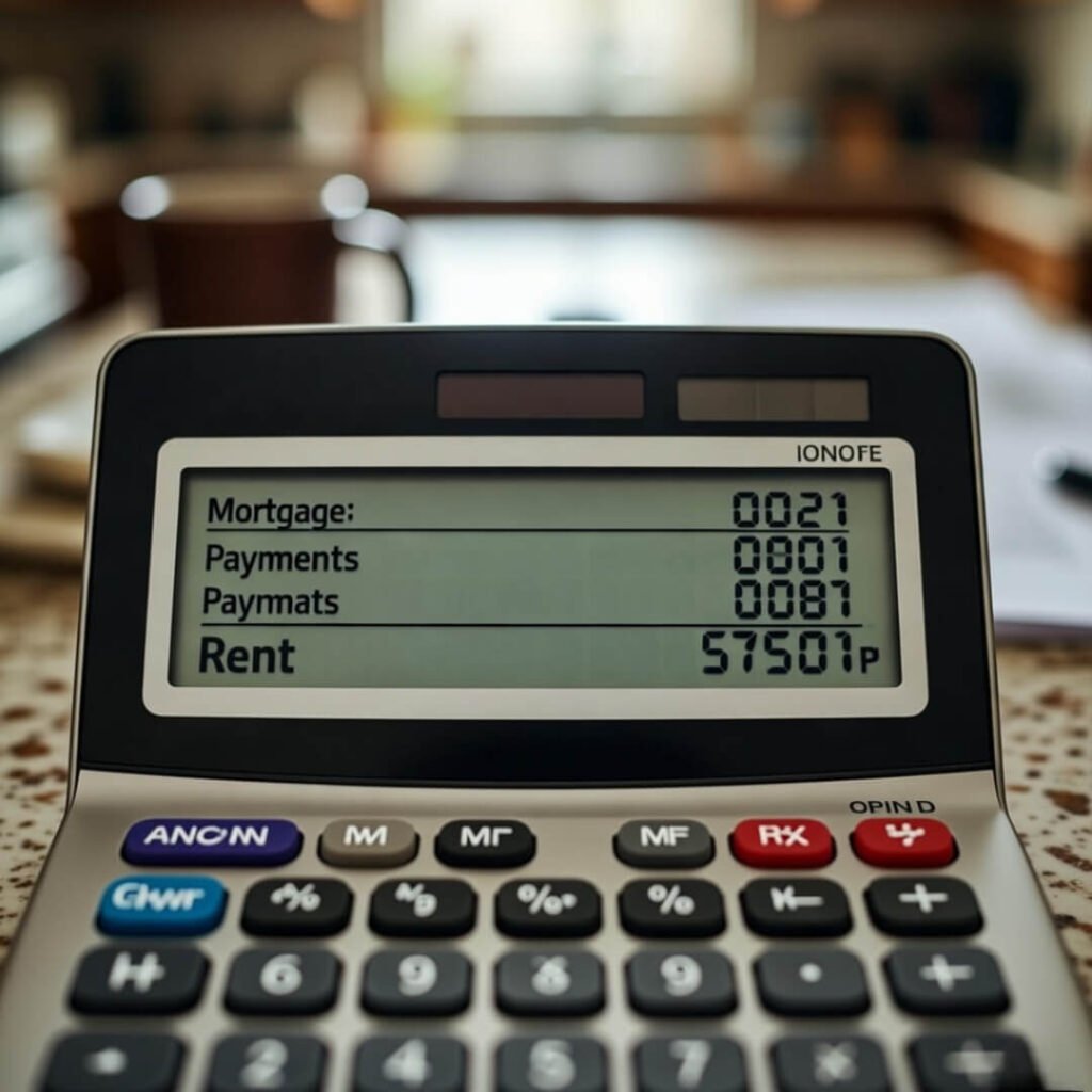 Calculator screen comparing mortgage and rent costs close-up.
