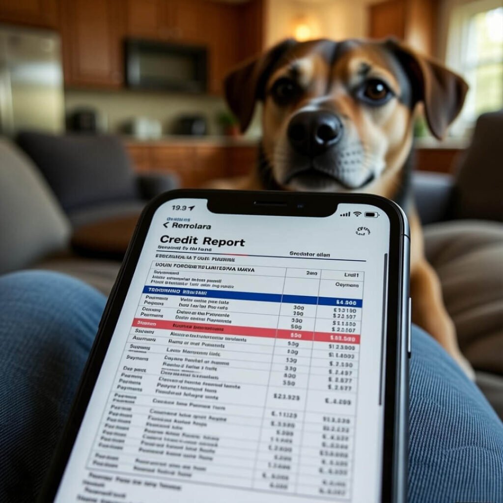 Laptop credit report with dog photobombing.