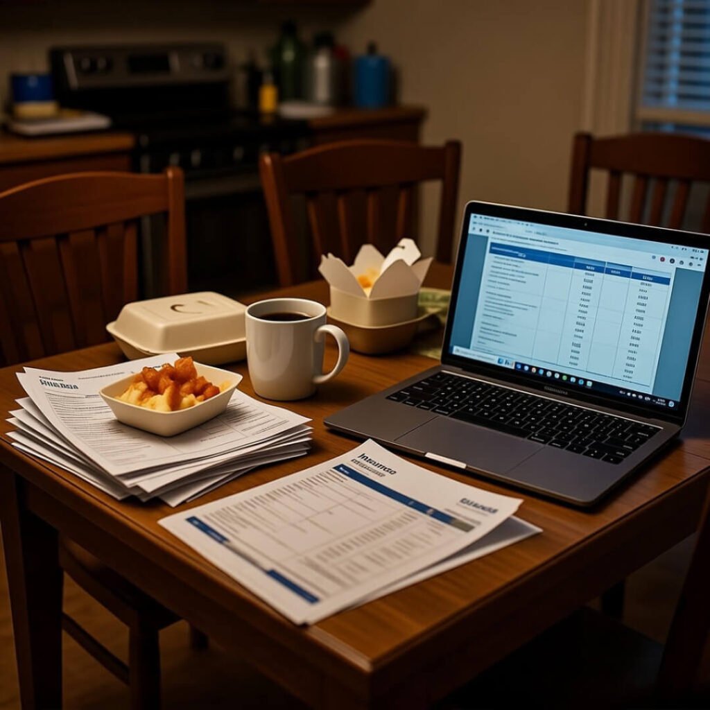 Cluttered late-night kitchen table with insurance quotes and takeout.