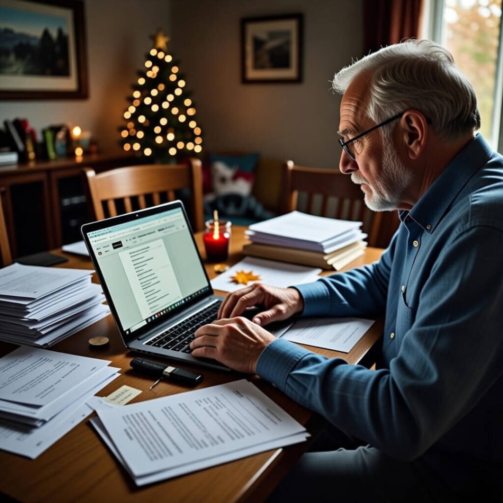 Senior contemplating laptop with lingering Christmas lights.