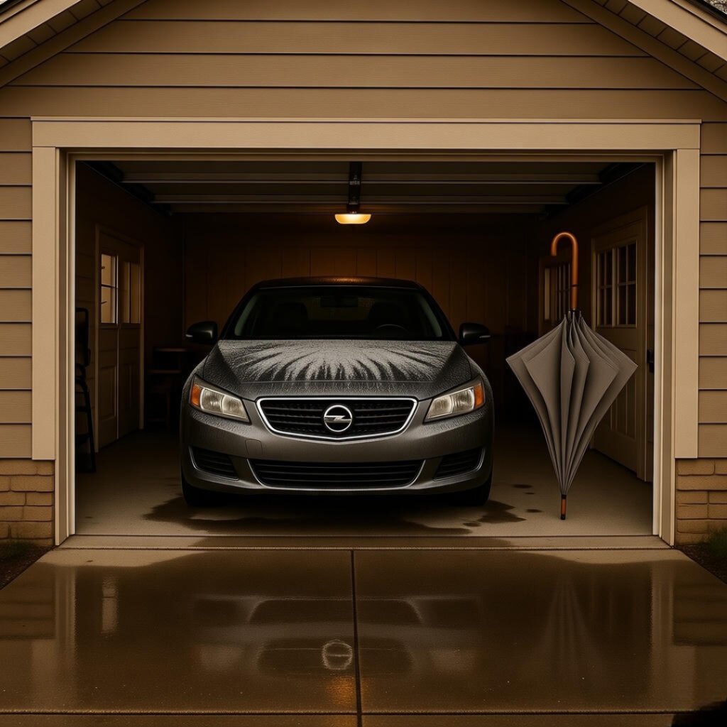 Open garage showing hail-dented car and water stains.