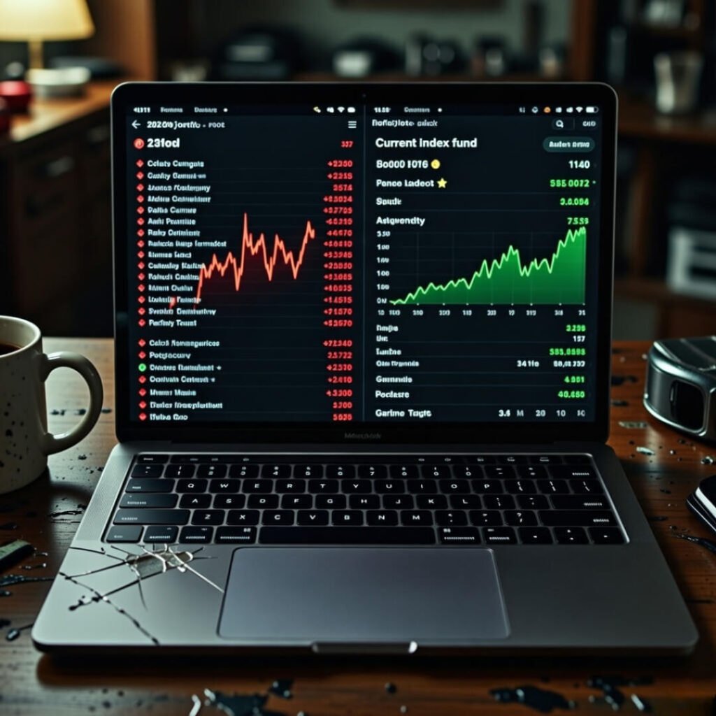 Split-screen laptop: chaotic past portfolio vs. stable index funds.