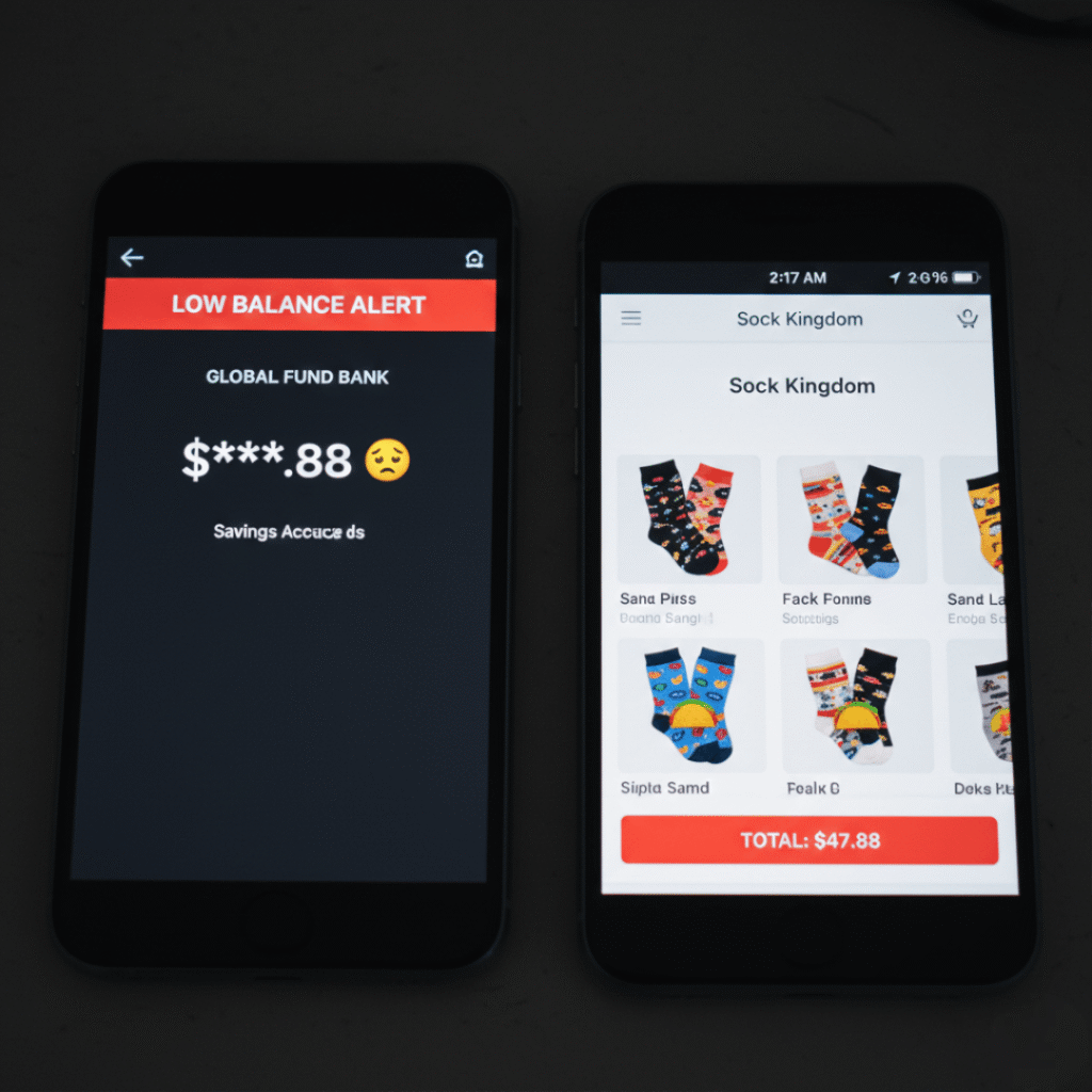 Phone screen showing low savings and late-night sock purchase.