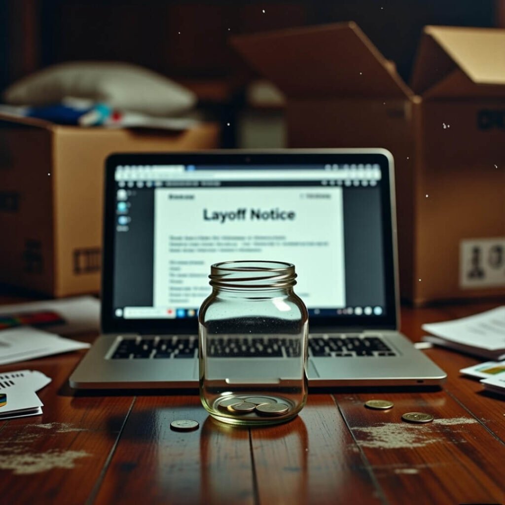 Nearly empty savings jar beside layoff email on laptop.