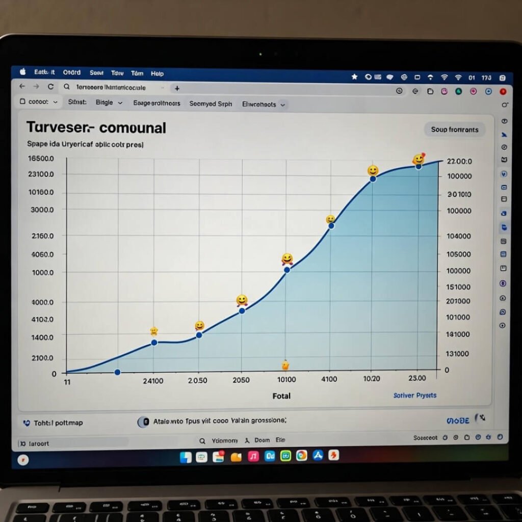 Investment chart with celebratory emoji doodles.