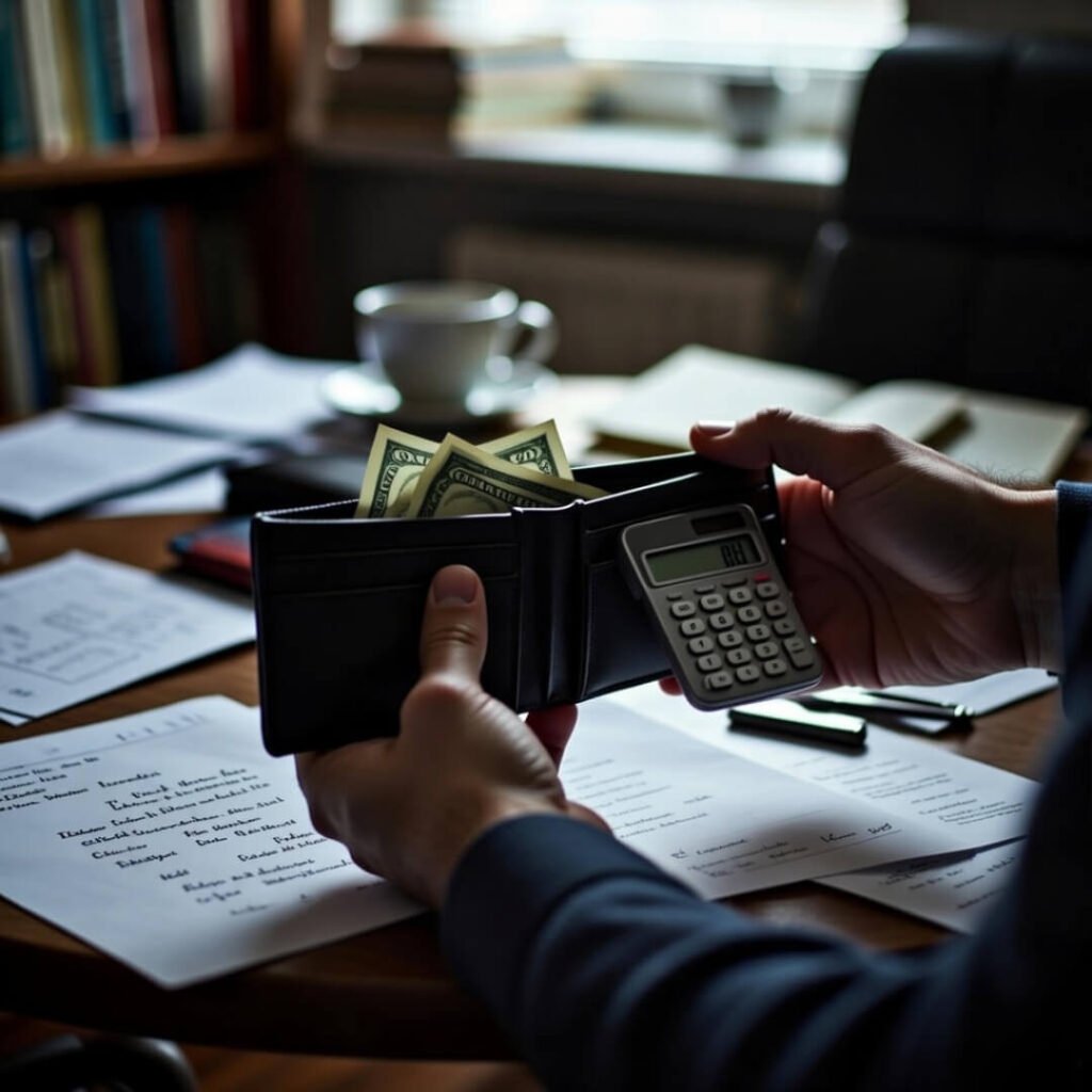 Scattered bills with low calculator balance.