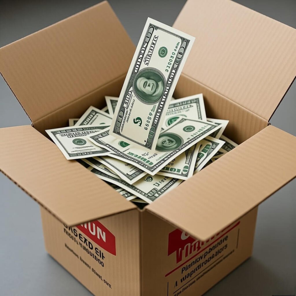 Hand dropping cash into donation box with receipts