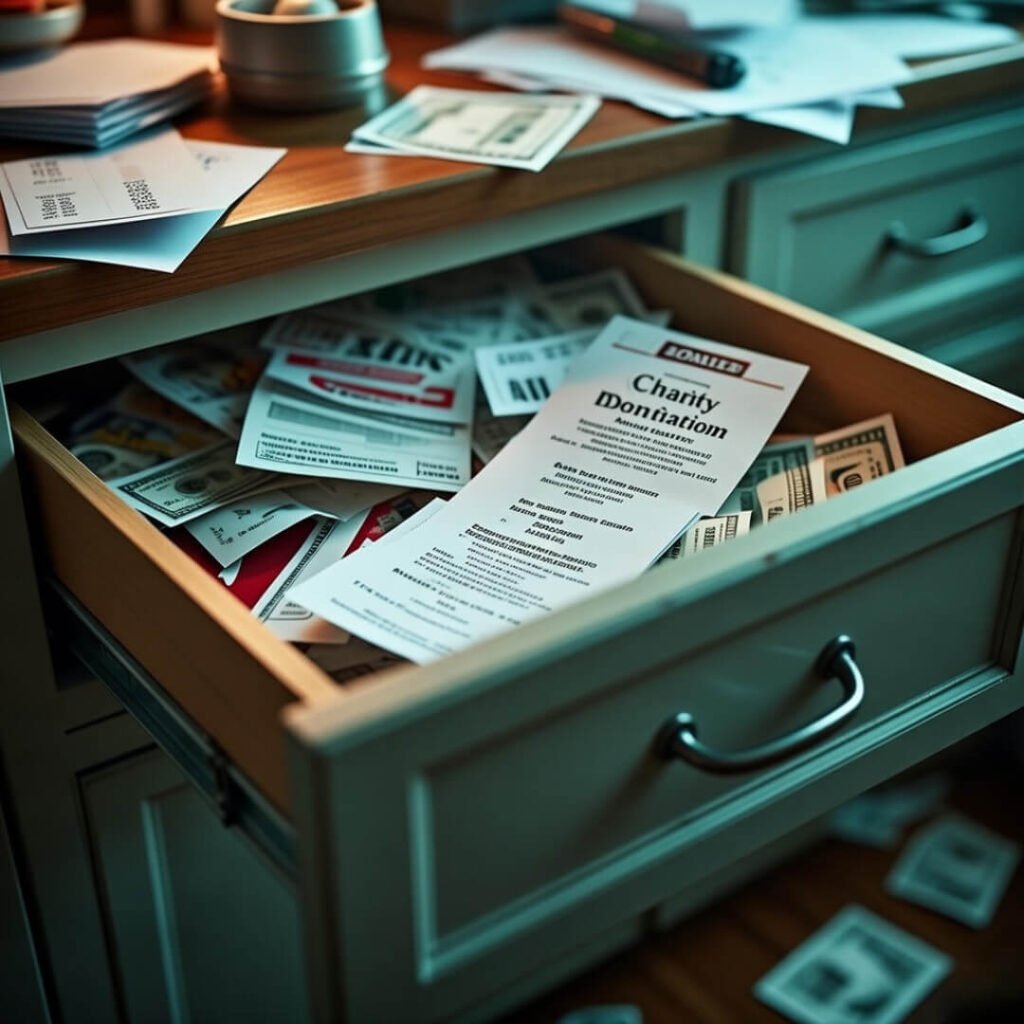 Overstuffed drawer spilling forgotten charity donation receipts.