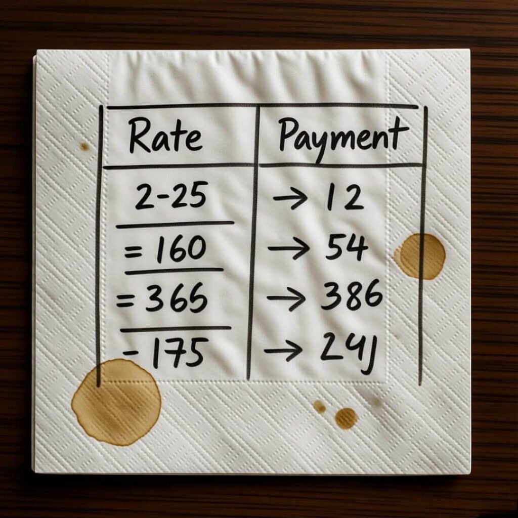 Coffee-stained napkin with hand-drawn mortgage rate math.