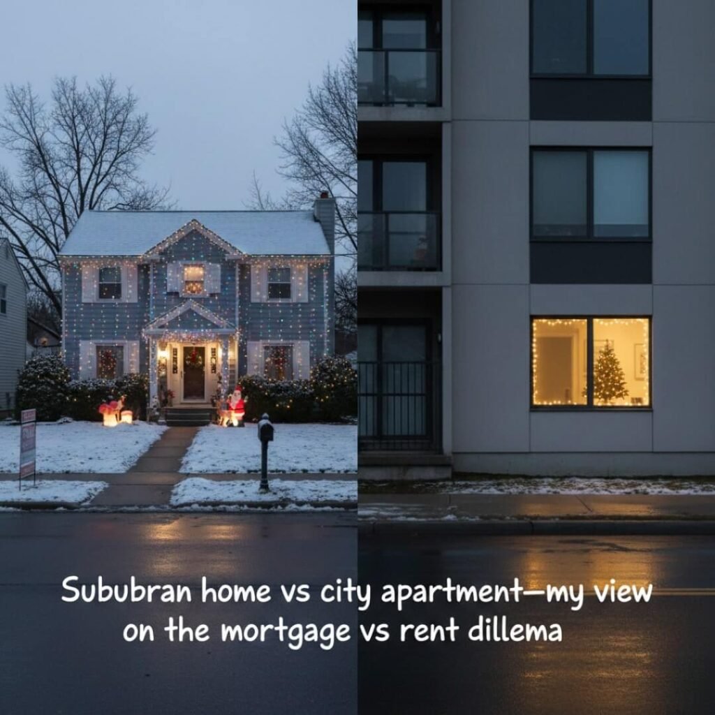 Suburban house and city apartment split with holiday lights.