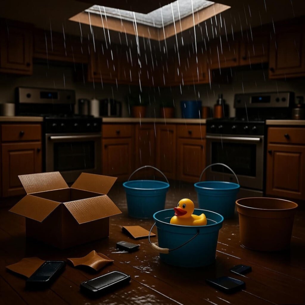 Leaky roof flooding home with buckets and rubber duck.