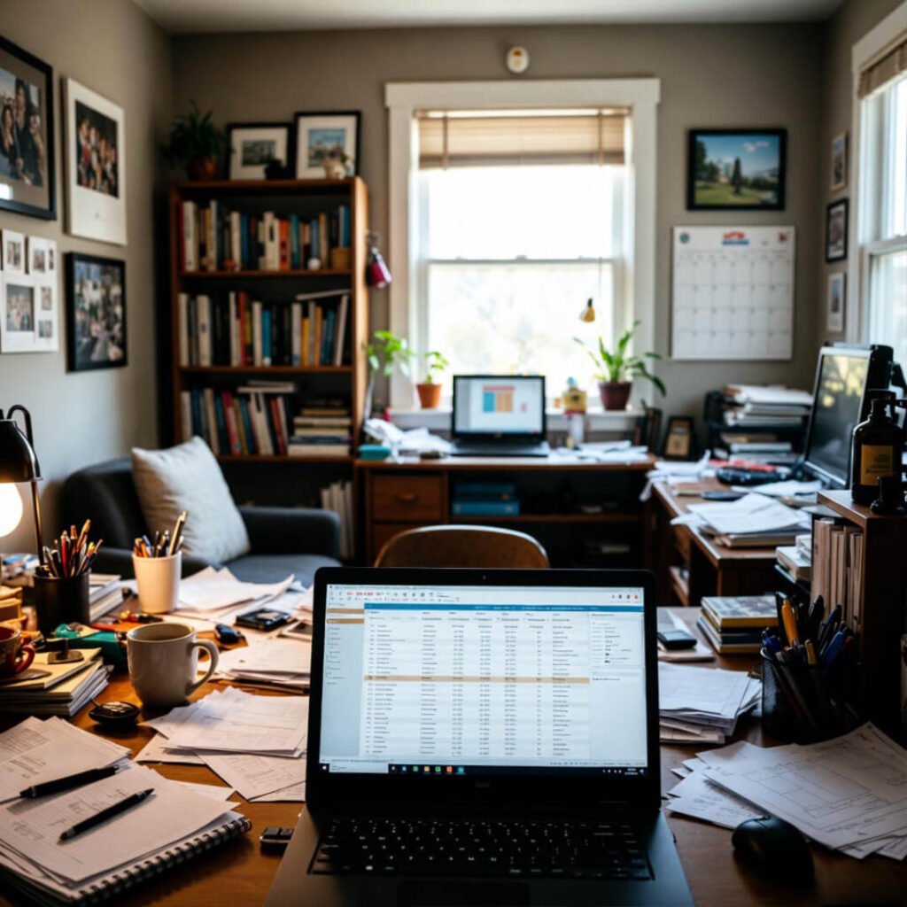 Cluttered home office laptop showing tax software.