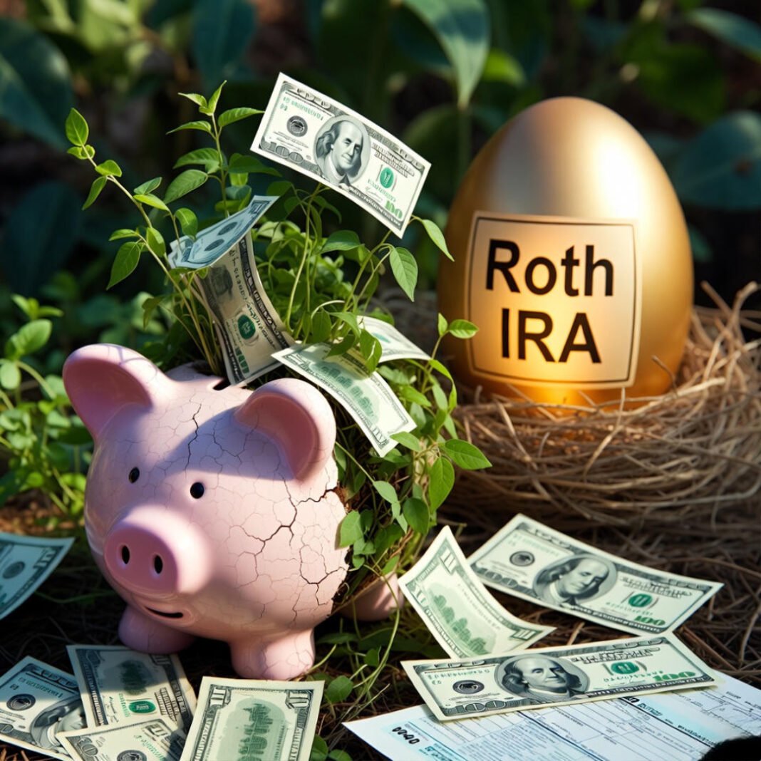 a cracked piggy bank overflowing with sprouting money plants