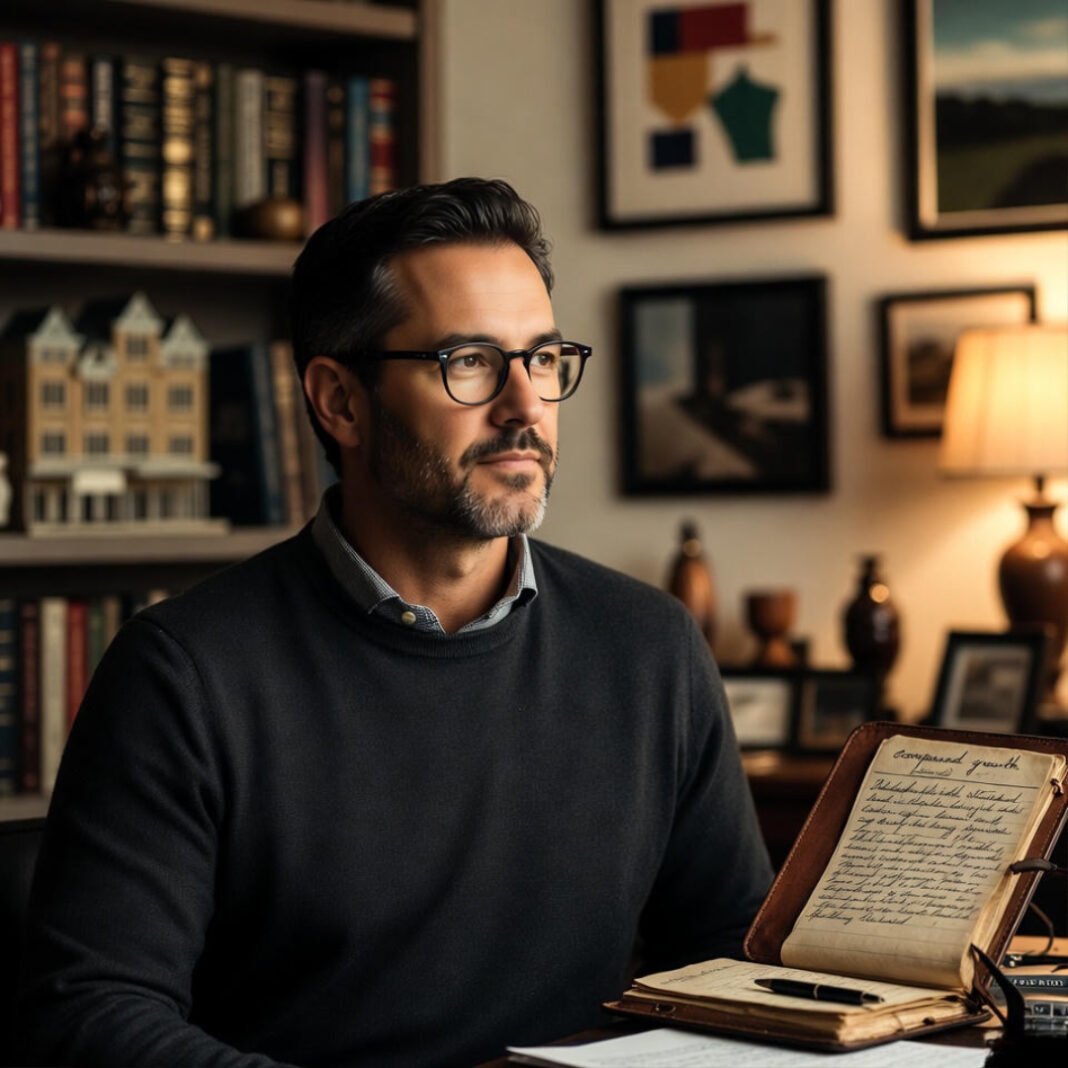 Include a vintage leather-bound notebook with handwritten