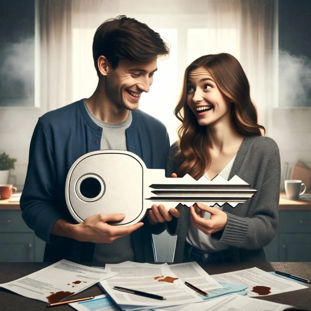 a young couple handing over a oversized house key to a slightly overwhelmed