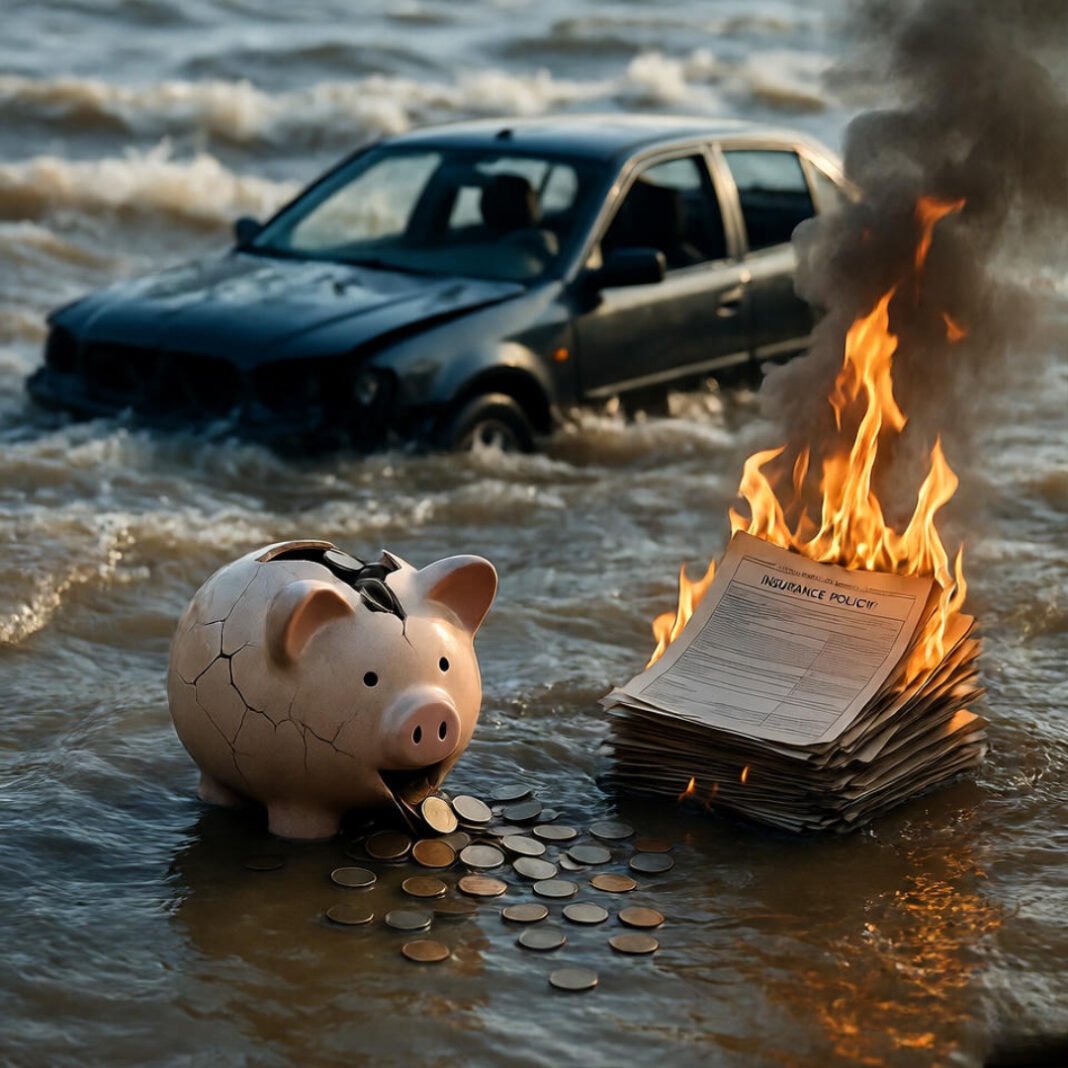 a shattered piggy bank spilling coins into rising floodwaters beside a burning