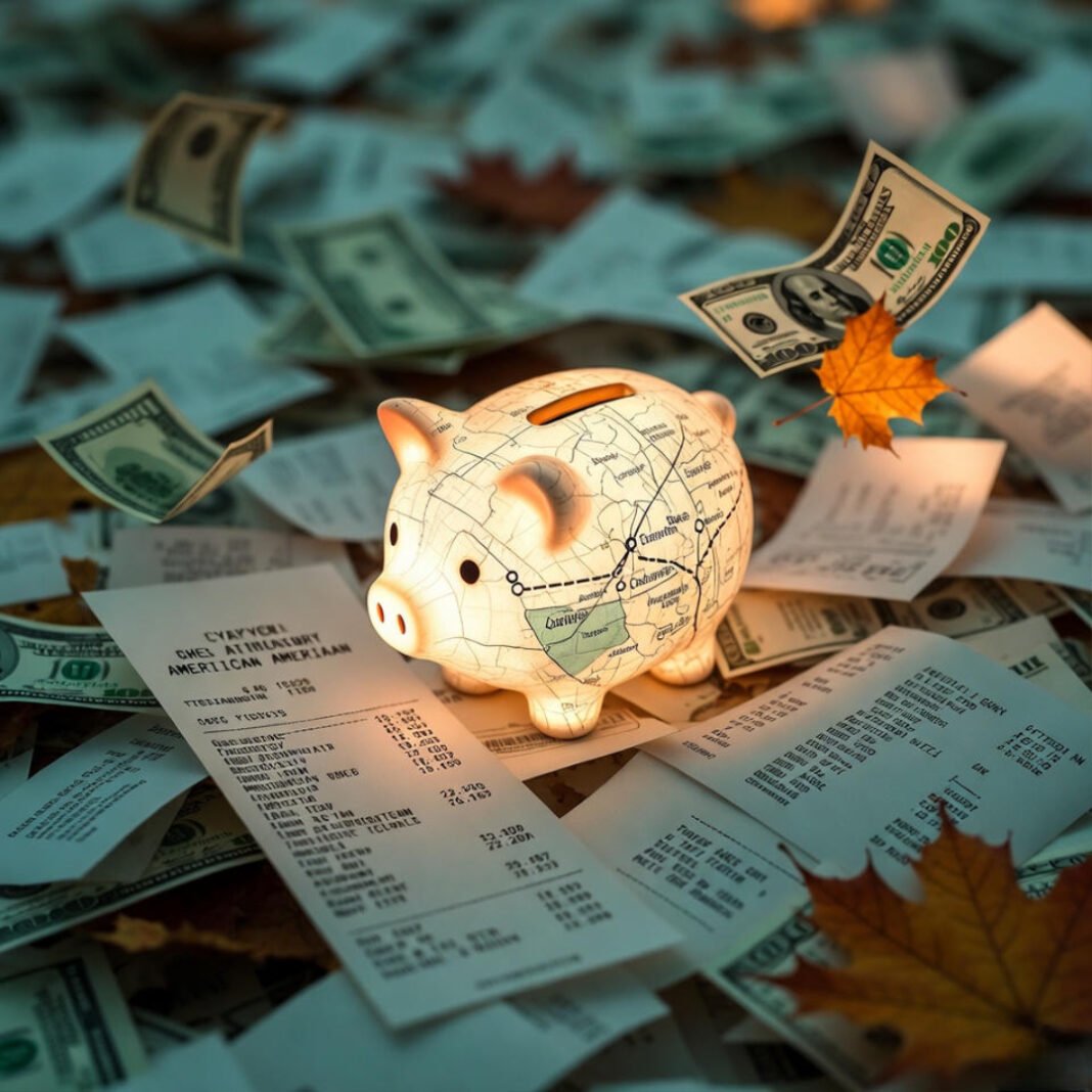 a scattered pile of everyday American receipts mixed with a glowing piggy bank