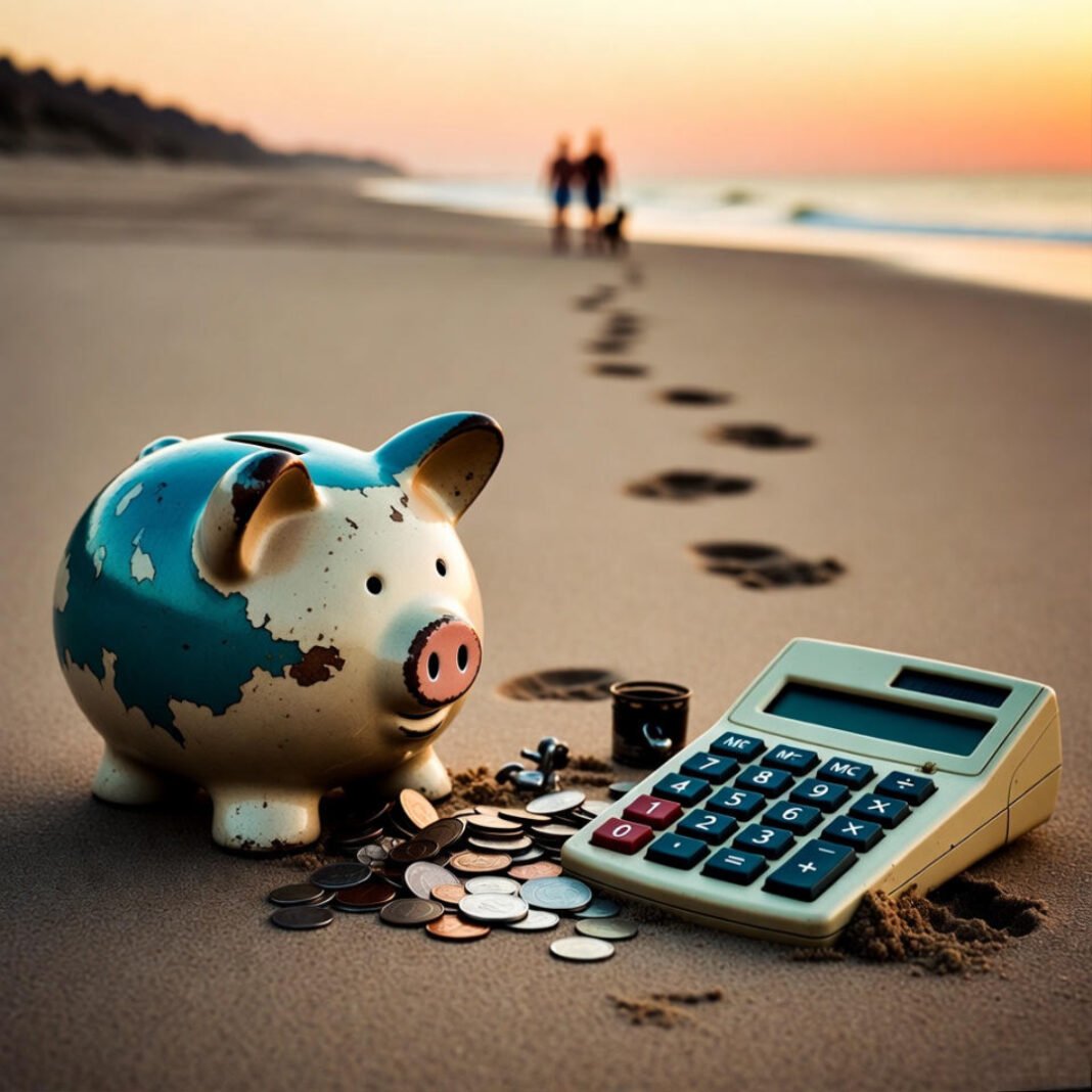 Consider these elements: a weathered piggy bank half-buried